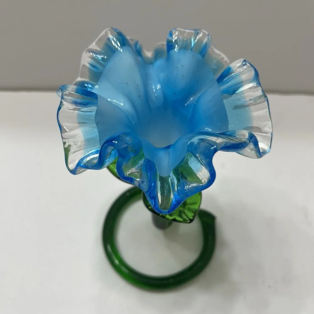 Vintage Hand-Blown Art Glass Flower Vase Candle Holder Bright Blue Ruffled 6x4